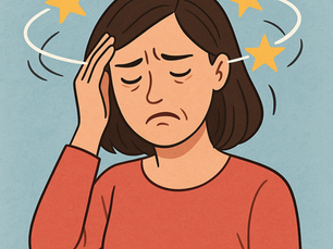Illustration of a woman with brown hair wearing a red top, looking dizzy and holding her head with eyes closed, surrounded by swirling stars indicating vertigo.