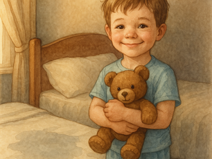 A watercolor illustration of a smiling young boy with light brown hair wearing blue pajamas, holding a brown teddy bear close to his chest. He stands beside a bed with white sheets that have a visible wet patch, symbolising bedwetting. The bedroom is softly lit with beige curtains and a warm, calm atmosphere. A case of primary enuresis for MSRA