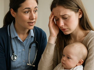 A photograph captures a PLAB 2 exam scenario where a female healthcare professional compassionately engages with a distressed new mother holding her baby, reflecting empathy and communication skills in a clinical setting.