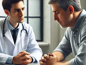 A young male doctor sits attentively at eye level with a middle-aged male patient in a clinical office setting. The patient appears visibly sad and withdrawn, suggesting symptoms of depression. The doctor displays empathetic body language, reinforcing a supportive and caring interaction. The background includes a clean desk with a stethoscope and soft lighting, emphasizing a calm and professional environment.