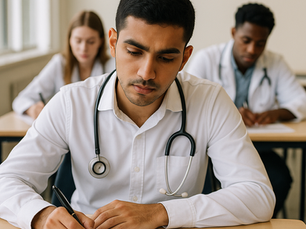 A focused young male medical student with a stethoscope around his neck sits at a desk in a well-lit exam hall, writing on a test paper. He is surrounded by other students in the background, also engaged in the exam. The paper on the desk is blank with no visible text, and the setting conveys a serious, academic atmosphere suitable for a UK medical training post exam.
