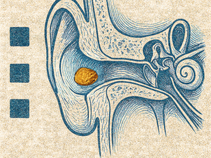 Vintage-style anatomical cross-section of the human ear showing impacted wax lodged near the tympanic membrane, designed for PLAB 2 exam preparation visuals.