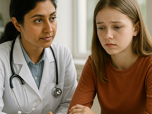 PLAB 2 scenario showing a South Asian female doctor conducting a sensitive consultation with a distressed teenage girl in a clinical setting, highlighting key communication and safeguarding skills essential for the UK medical licensing exam.