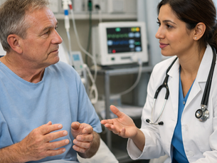 A doctor calmly explaining treatment to a patient with hand tremors in a hospital setting, illustrating a PLAB 2 scenario of lithium toxicity management.