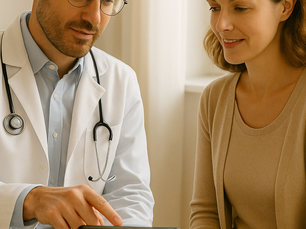 A calm male doctor wearing glasses and a white coat points at a tablet screen while discussing results with a smiling female patient in a consulting room, with soft natural sunlight coming through the window in the background.