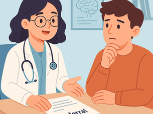 An animated illustration of a GP consultation for a PLAB 2 scenario, showing a female doctor with glasses and a stethoscope discussing ADHD with a young adult male patient. The patient looks thoughtful, and a paper labeled “Referral” lies on the desk between them in a calm clinical setting with a brain diagram on the wall.
