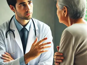 Alt Text: A doctor attentively listens to an elderly patient in a consultation room. The patient, appearing stiff and uncomfortable, gestures towards their shoulders while the doctor, wearing a stethoscope, maintains eye contact and nods reassuringly, creating a professional and empathetic atmosphere. The softly lit background keeps the focus on their interaction.