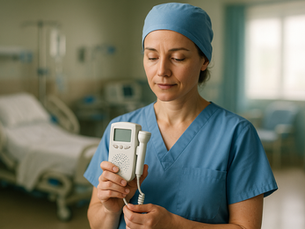 A calm female doctor in blue scrubs holding a fetal Doppler monitor, looking down gently with a caring expression, standing in a blurred maternity ward with hospital beds and equipment in the background.