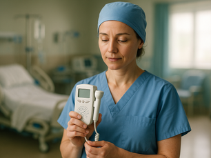 A calm female doctor in blue scrubs holding a fetal Doppler monitor, looking down gently with a caring expression, standing in a blurred maternity ward with hospital beds and equipment in the background.
