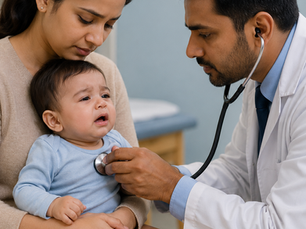 Doctor examining an infant with breathing difficulty while reassuring a parent in a clinical setting, demonstrating a typical PLAB 2 paediatric consultation scenario