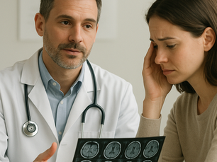A calm, confident male doctor in a white coat is gently explaining brain MRI results to a worried female patient in a consultation room. The doctor is holding brain scan images while the woman listens with concern, and a blurred anatomical brain poster is visible in the background.