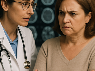 A compassionate female doctor in a white coat with a stethoscope gently talking to an angry middle-aged woman with folded arms, in a clinical setting with blurred CT brain scans in the background, conveying empathy and serious discussion.