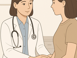 Minimalistic illustration of a doctor calmly discussing with a patient in a clinic, portraying supportive communication skills for PLAB2 preparation.