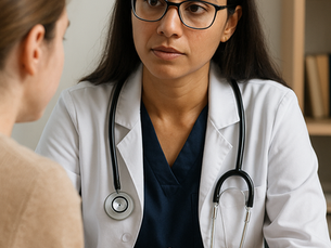 A doctor gently discussing mental health therapy with a patient in a calm, confidential GP consultation room setting.