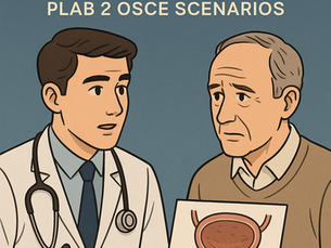 A medical consultation scene showing a young male doctor with a stethoscope explaining benign prostatic hyperplasia (BPH) to an older male patient, who holds an anatomical diagram of the prostate and bladder; the doctor appears empathetic and attentive, emphasizing the patient-centered approach typical in PLAB 2 OSCE scenarios. Ask ChatGPT