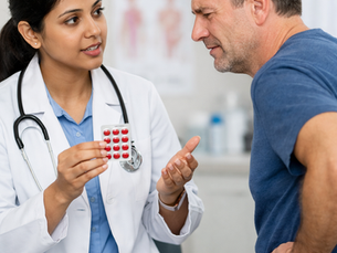 Doctor explaining medication-related kidney damage to a concerned patient during a PLAB 2 communication station, highlighting safe prescribing and patient counselling.