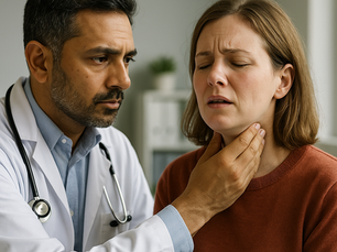 A PLAB 2 clinical scenario showing a South Asian male doctor examining a female patient with suspected angioedema in a simulated consultation.