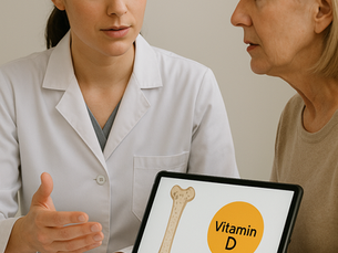 A calm female doctor wearing a white coat is explaining blood results to a middle-aged female patient. A tablet on the table between them shows a diagram of a bone and a large orange circle labelled “Vitamin D”, symbolising structured counselling for vitamin D deficiency in an endocrine clinic setting.