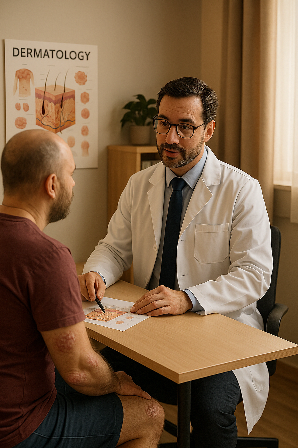 PLAB 2–style consultation: a doctor in a warm, calm clinic points to a dermatology chart while explaining psoriasis plaques on a patient’s elbows and knees.