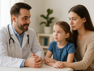 A doctor consults a mother and her daughter in a calm clinic setting, portraying a typical PLAB 2 scenario on pediatric vaccine counselling.