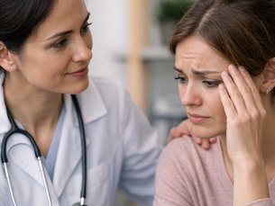 A doctor providing empathetic reassurance to a distressed woman during a sensitive consultation, demonstrating patient-centred communication skills in a PLAB 2 vaginismus OSCE scenario.