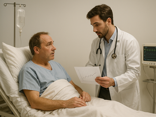 A doctor in a white lab coat is attentively explaining a chart to an older patient in a hospital bed. The patient, wearing a light blue gown, listens closely as the doctor points to a graph, with an IV drip and a monitor visible nearby. The scene conveys urgency and empathy in a hospital setting, highlighting a PLAB 2 exam scenario where clear communication and patient care are essential.