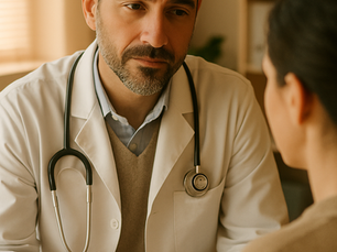 A calm, focused doctor attentively listening to a patient during a consultation in a GP setting — ideal for illustrating PLAB 2 exam scenarios involving communication and empathy.