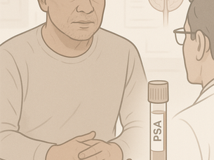 Illustration of a calm, middle-aged ethnically diverse man speaking with a doctor in a clinic setting, with a subtle overlay of a PSA blood test vial and a prostate anatomical diagram in soft neutral tones.