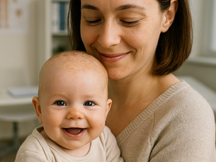 A mother gently holds her smiling baby with cradle cap in a clinical setting, representing a PLAB 2 consultation scenario on infant skin conditions.
