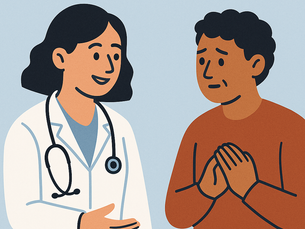 Digital illustration of a friendly female doctor in a white coat with a stethoscope, warmly talking to a slightly anxious male patient wearing a burnt orange sweater. The background is light blue with subtle icons depicting a house, a human head with a heart representing mental health, and supportive hands representing social care.”