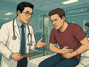 A hospital A&E scene showing a doctor explaining a diagnosis to a patient with abdominal pain, IV fluids running, and a nurse preparing equipment in the background — suitable for a PLAB 2 medical exam preparation blog.