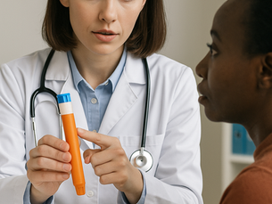 A PLAB 2 exam scenario showing a female doctor teaching EpiPen use to a concerned mother, demonstrating key skills for the PLAB 2 OSCE.