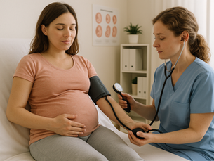 A calm pregnant woman sits on an examination table with her eyes closed, wearing a pink t-shirt and grey leggings. A midwife in blue scrubs is measuring her blood pressure using a manual sphygmomanometer and stethoscope in a bright, neatly organised antenatal clinic room with a fetal development poster and shelves in the background, conveying structured and safe monitoring.