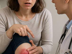 A concerned female patient shows a painful, red swelling on her shin to a doctor during consultation — a realistic PLAB 2 clinical scenario demonstrating erythema nodosum and empathetic patient care.