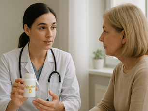 A calm female doctor wearing a white coat and stethoscope is holding a Vitamin D supplement bottle while explaining results to a middle-aged woman patient sitting opposite her in a bright UK-style clinic room with a soft daylight window in the background.
