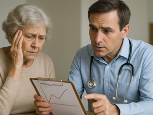 A PLAB 2 exam-style consultation showing a middle-aged doctor explaining a sodium chart to an elderly female patient with concern.