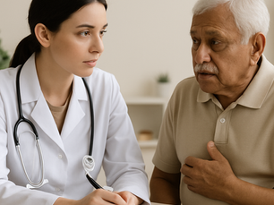 A young empathetic doctor listens attentively to an elderly South Asian man looking concerned, both seated across a desk in a calm clinic setting, representing PLAB 2 consultation practice.