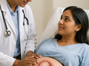 PLAB 2 training scenario showing a doctor counselling a pregnant woman with a breech baby, with a visual illustration of the fetus in a bottom-first position inside the womb.