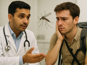 A calm doctor with a stethoscope explaining malaria risks to an anxious young traveller in a neutral clinic setting, with a subtle mosquito illustration, representing PLAB 2 travel medicine consultation.