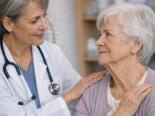 A compassionate doctor gently examining and reassuring an elderly woman in a clinical setting, illustrating osteoporosis and fragility fracture care in a PLAB 2 consultation scenario.