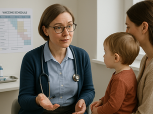 A UK-based GP calmly explaining vaccination to a mother and her young child in a well-lit clinic setting, with a visible vaccine schedule and syringes in the background — an ideal visual for MSRA exam preparation on immunisation topics.