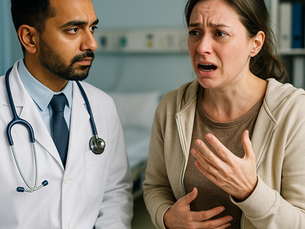 A PLAB 2 exam scenario showing a distressed Caucasian mother speaking to a calm, empathetic doctor in a hospital consultation room.