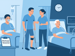 Flat-style illustration showing three stages of hospital care relevant to PLAB2: short medical stay, post-surgical recovery, and ICU admission.