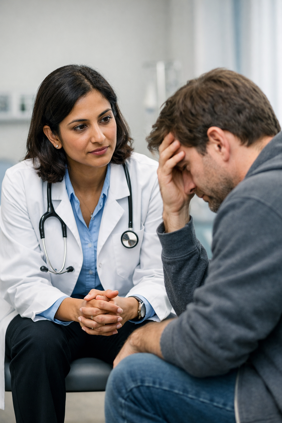 A doctor conducting a psychiatric consultation with a distressed patient in a hospital setting, demonstrating communication skills for PLAB 2 assessment.