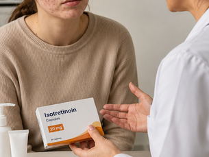 PLAB 2 acne counselling station demonstrating UK dermatology management of severe acne with isotretinoin (Roaccutane), including patient education, medication side effects, teratogenic risks, blood test monitoring, and specialist referral communication skills.
