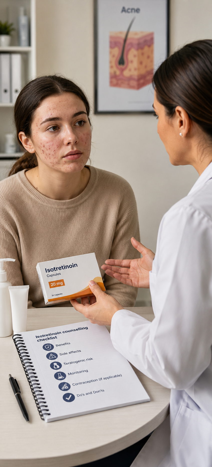PLAB 2 acne counselling station demonstrating UK dermatology management of severe acne with isotretinoin (Roaccutane), including patient education, medication side effects, teratogenic risks, blood test monitoring, and specialist referral communication skills.