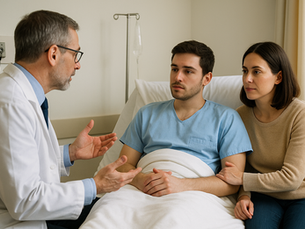 A middle-aged male doctor in a white coat is attentively speaking to a young adult male patient lying in a hospital bed. The patient, dressed in a blue gown and covered with a white blanket, looks engaged in the conversation. A supportive woman sits beside him, gently holding his arm. The setting is a calm, well-lit hospital room with a neutral background.
