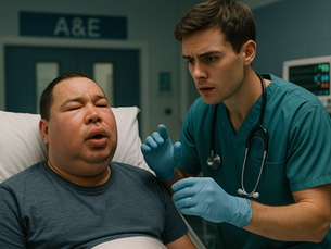 A realistic medical scene suitable for PLAB 2 preparation, showing a calm but urgent A&E setting where a junior doctor in teal scrubs assesses the airway of a patient with visible facial swelling, highlighting key clinical skills needed for emergency scenarios.