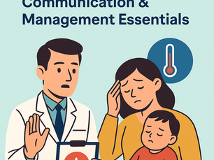 A PLAB 2 scenario illustration showing a paediatric doctor speaking with a concerned mother holding her feverish child, symbolising a febrile seizure case.