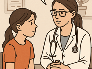 A PLAB 2 clinical scenario illustration showing a female doctor in a white coat consulting a teenage girl about pregnancy risks in a calm, professional setting, highlighting consent and safeguarding issues relevant to the exam.